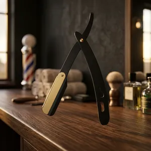 MORGANS INDUSTRIES Black Folding <b>Razor</b> with Gold Accents Stainless Steel Handle Single Blade for <b>Men</b> Barber Shop Use - Product Image 1