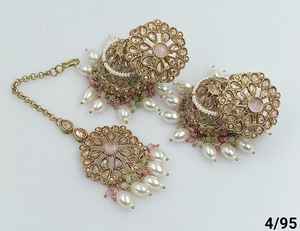 <b>INDIAN</b> WHOLESALE LATEST DESIGN CHANDELIER and ARTIFICAL EARRINGS WITH PEARL and MANGTIKKA <b>SET</b> for WOMEN and GIRLS - Product Image 6