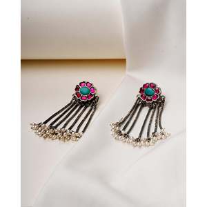 Pendientes de lujo Swadeshi Pitara de plata de ley 925 con diseño de candelabro, turquesa, fusión tradicional india, agua dulce - Product Image 1
