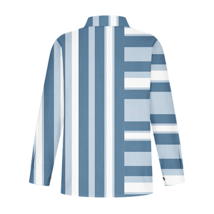 Camisa informal de manga larga para mujer con diseño de logotipo personalizado OEM 100% Lilen, botón de cuello vuelto, ajuste Regular, botón a rayas de Color en contraste - Product Image 6