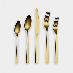 Elegante oro de alta calidad único plateado mango Rectangular Largo Elegante plano de acero inoxidable Cubiertos Juego de cubiertos - Product Image 1