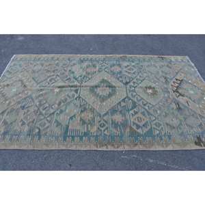 Alfombra turca Kilim de 5,2x8,8 pies, diseño de retazos azul y marrón, técnica de tejido plano de látex de lana para sala de estar, pasillo, Tabriz - Product Image 3
