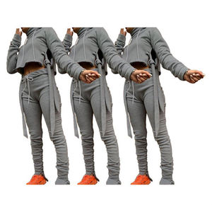 Vente en gros Automne Femmes Épais Manches Longues 2 Pièces Solide Décontracté Transpiration 100% Coton Survêtement Ensembles - Product Image 1