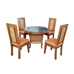 Ensemble de table à manger ronde en bois avec plateau en verre, ensemble de 5 chaises pour hôtel, appartement, villa - Product Image 1