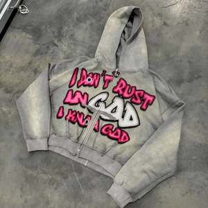 Sweat à capuche unisexe zippé en polaire, coupe ample, effet vieilli, couleur unie, délavé à l'acide, avec appliqué, en coton épais 100% respirant - Product Image 3