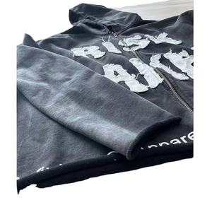 Proveedor personalizado etiqueta corte crudo dobladillo recortado Sudadera con capucha algodón sol desteñido ácido lavado apenado bordado apliques Boxy Crop Sudadera con capucha hombres - Product Image 3