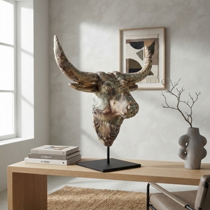 Handcrafted <b>wooden</b> bull suge stand sculpture <b>rustic</b> teak carved longhorn skull statue metal base table accent decoration item - Product Image 5