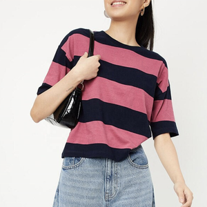 Women's High Quality Cotton Oversized <b>T</b>-<b>Shirt</b> Custom Printed Strip Print Loose Fit with <b>Long</b> <b>Sleeves</b> for Summer - Product Image 3