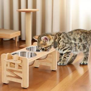 Comederos Elevados Ortopédicos para Gatos, Inclinados 15 Grados, Comedero Doble de Acero Inoxidable para Mascotas, Altura Ajustable, Soporte de Madera, Marca Privada - Product Image 6