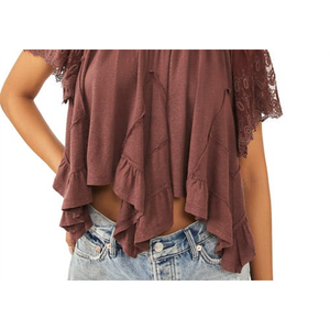 Camicetta da donna Free People XS Savannah Chocolate Lava con orlo a fazzoletto, logo ricamato, in raso di seta chiffon, taglie fino a 3XL - Product Image 2