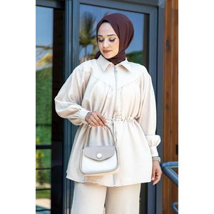 Hijab en lin crème à fermeture éclair, 2 pièces en tissu de qualité supérieure - Product Image 2