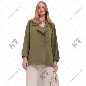 Blazer en laine élégant pour femme Alpha Green, uni, tissé, anti-froissement, col en V, bouton unique, manches longues, broderie 3D - Product Image 1