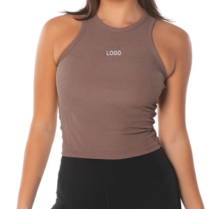 Camiseta sin Mangas de Punto para Mujer, Color Sólido, Cuello Redondo, Estilo Deportivo, Transpirable, con Logotipo Frontal, Marrón - Product Image 5