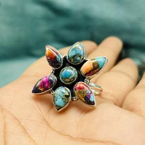 แหวนเงินแท้ประดับด้วยดอกดาเลียสีฟ้าอมเขียว ดีไซน์แบบโบฮีเมียน ทำมือ เหมาะสำหรับงานแต่งงาน ของขวัญสุดพิเศษ - Product Image 3