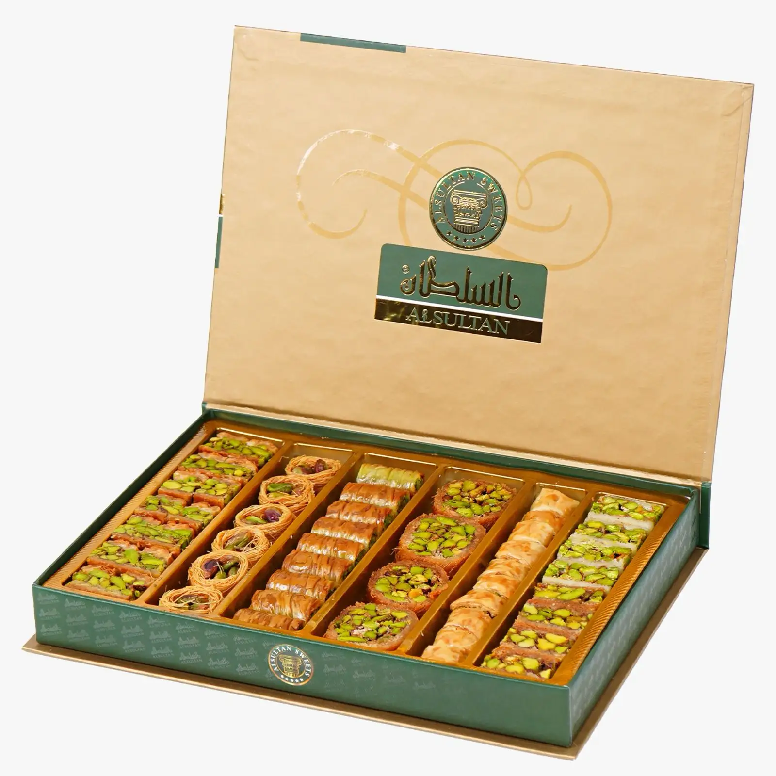 अल सुल्तान हाई ग्रेड बक्लावा उत्तम वर्गीकरण अरबी मिठाई 350 ग्राम थोक अखरोट और चॉकलेट स्वाद के साथ बॉक्स में पैक