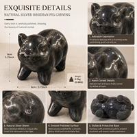 Statue de cochon en obsidienne argentée, ornement animalier sculpté en cristal naturel pour collection de bureau, étagère et cadeau porte-bonheur