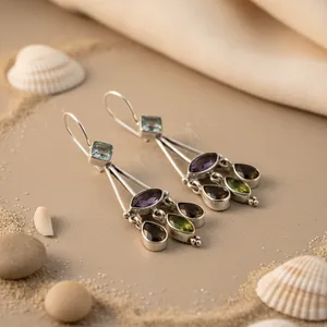 Boucles d'oreilles pendantes vintage en argent 925, multi-pierres précieuses, perle d'eau douce, diamant, design géométrique, pour femme, cadeau de mariage - Product Image 3