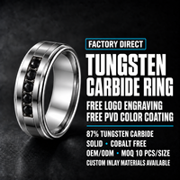 Bague de mariage pour homme en tungstène argenté 8 mm, finition PVD blanche polie, bord biseauté, saphir noir en canal, logo personnalisé