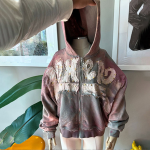 Sweat à capuche pour homme personnalisé poids lourd délavé à l'acide surdimensionné avec fermeture à glissière et appliques en détresse, rivets avec strass coupe régulière - Product Image 5