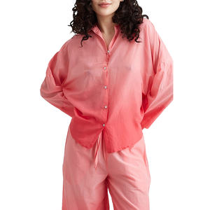 Conjunto transpirable de pijama de algodón puro de dos piezas de verano para mujer, manga larga y pantalones, cómodos conjuntos de salón con botones y volantes - Product Image 5