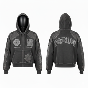 Sudadera con Capucha Extra Grande Personalizada de Primera Calidad para Hombre, Estilo Urbano, Lavado Ácido, Bordado con Pedrería y Cremallera - Product Image 1
