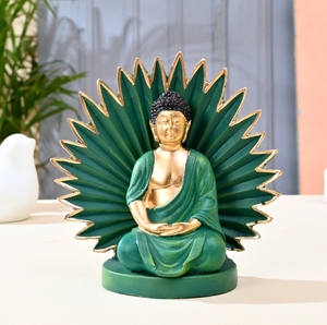 Statue de bouddha en résine verte et dorée avec toile de fond Sunburst pour cadeau de décoration de bureau à domicile ou pièce maîtresse de fête - Product Image 1