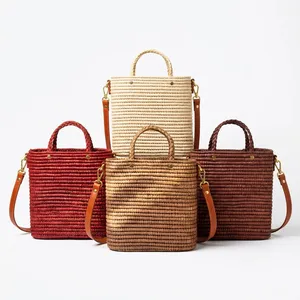 Sac cabas en paille tressée pour femme avec anse en cuir, style bohème, ouverture supérieure, deux poignées, portable pour usage quotidien toutes saisons - Product Image 6