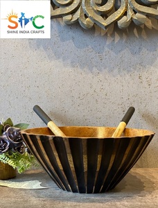 Bol de service en bois de manguier sculpté à la main avec cuillères Superbe bois de manguier Idéal Cadeau Déco Noir - Product Image 2