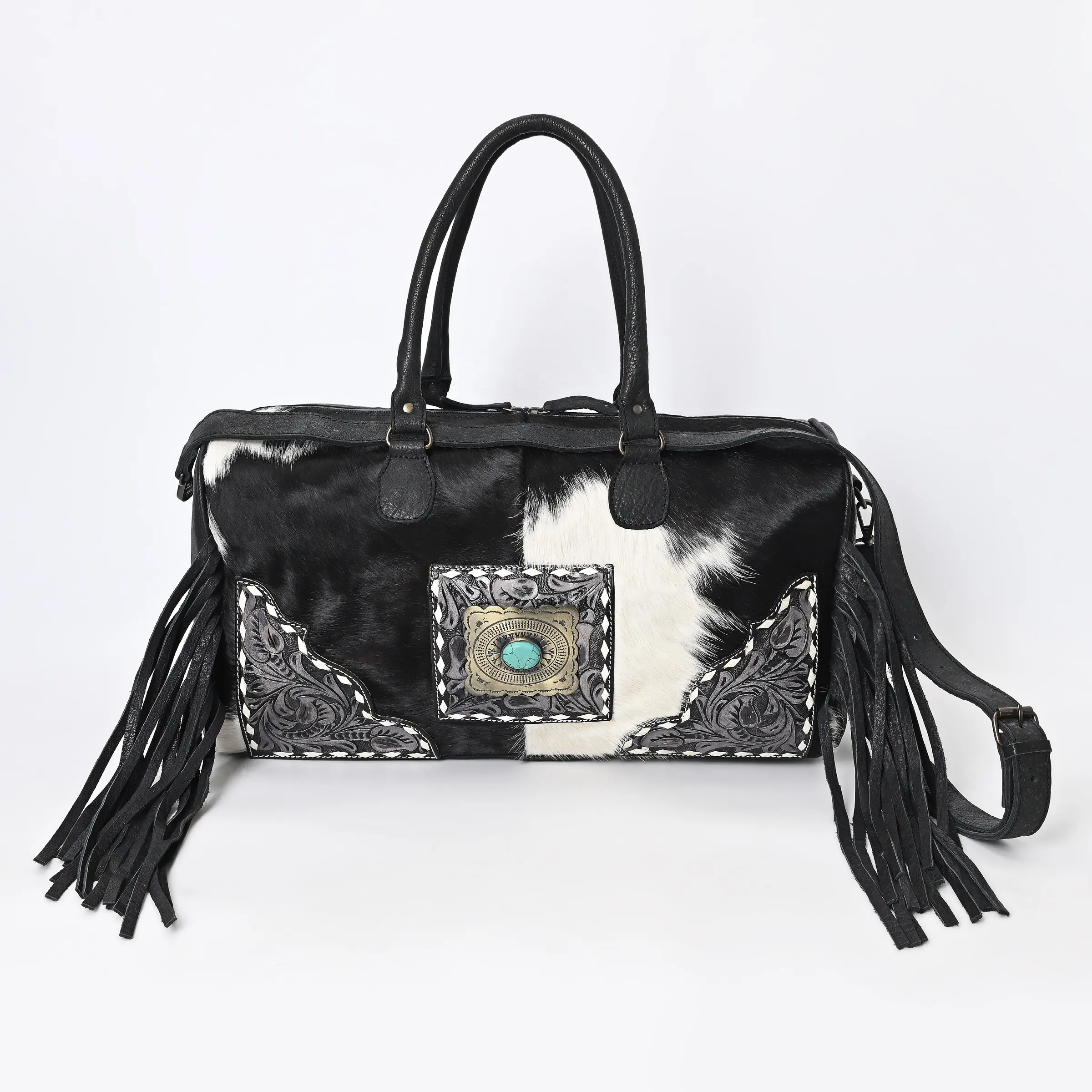 Hairon Leather Duffle Bag With Leather Fringes Rectangular Concho In Middle With Turquoise Stone Azetic Knitted Hand Tooling