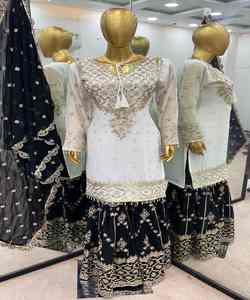 TOP DE TRABAJO DE SECUENCIA BORDADA DE DISEÑADOR SHARARA DUPATTA FESTIVA PRECIO AL POR MAYOR ROPA ÉTNICA SEDA PÚRPURA - Product Image 6