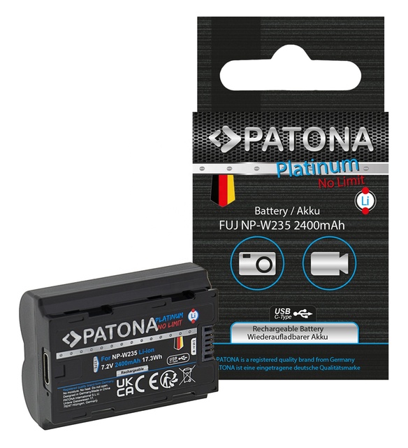 PATONA Platinum Battery With USB-C Input FinePix NP-W235 XT-4 XT4 2400mAh 17.3Wh 7.2V Li-Ion