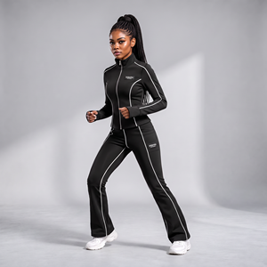 Ensemble de survêtement pour femmes, coupe ample, veste zippée et pantalon large, logo sur le devant, vêtements de sport - Product Image 1