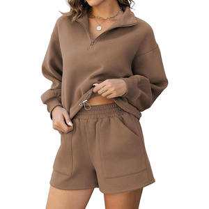 Fabriqué en usine femmes ciel 100% coton 300 GSM polaire demi-fermeture éclair à capuche et polaire court à vendre à des tarifs bon marché - Product Image 5