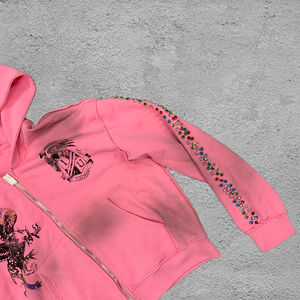 Custom Fancy Shaped Gems Decoration Zip up Hoodies Hombres, Graphic DTG Printed Heavyweight 100% Cotton Dirty Washed Hoodie - Product Image 5
