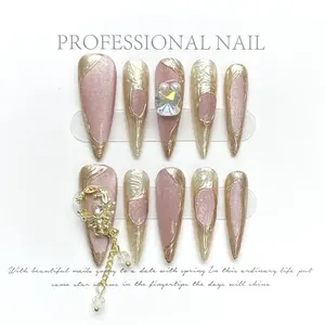 Lot de faux ongles longs stiletto métalliques, taille XXL, tendance, à coller, réutilisables, 10 pièces, motif carré, logo personnalisé, caractéristiques réutilisables - Product Image 1