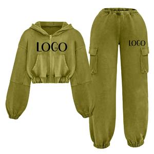2025 Latest New Design Custom Hip Hop Acid Wash <b>Zip</b> <b>Up</b> <b>Crop</b> <b>Hoodie</b> And Baggy Sweatpants Tracksuit Comfortable Breathable - Product Image 3