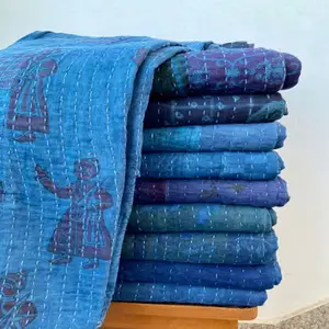 Wholesale Lot Indian Vintage Patchwork Sari Kantha Throws One of a Kind Handmade Cotton Reversible Twin Kantha Quilts for Sale