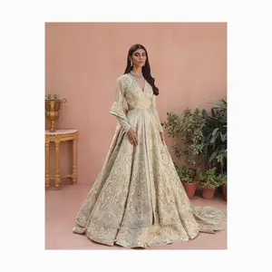 Indian Pakistani Designer Blauw Bedrukt Katoen Anarkali Kurta Met Witte Broek Voor Vrouwen Huwelijkskleding Groothandelstarief