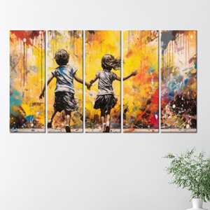 Impresión en lienzo de arte de grafiti amarillo con diseño de niños corriendo de Banksy moderno, juego de 5 lienzos - Product Image 1