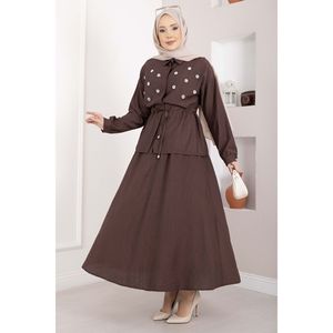 Conjunto de Falda y Top con Cintura Túnel Adornada con Piedras Color Café para Mujer, Estilo Casual de Club, Dos Piezas - Product Image 1