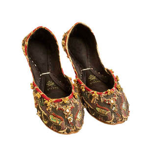 Golden Multicolored Embroidery Women <b>Khussa</b> Classic Beading Striking Floral Designs Anti-Slippery Genuine Leather Outsole Velvet - Product Image 1