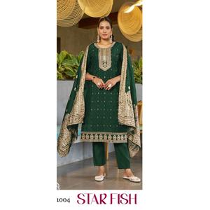 Nuevo diseño de pantalón Kurti para mujer con bordado Jacquard Dupatta Dori Work Sequence de exportación de seda romana con estilo tradicional - Product Image 1