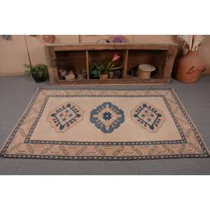 Tapis turc 4x6,6 pieds, marron bleu à pois, tapis vintage en laine - Product Image 3