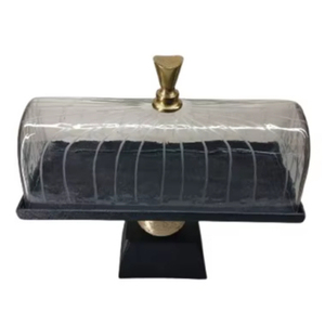 Support à gâteau en bois écologique fait à la main avec cloche en verre, support de présentation de dessert carré noir et or pour boulangerie - Product Image 1