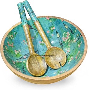 Bol à salade en bois de manguier imprimé artisanal Lake Reverie avec cuillères de service assorties, décoratif, écologique, compatible lave-vaisselle manuel - Product Image 1