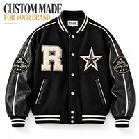 Blouson universitaire personnalisé pour homme, commande en gros, avec logo patch chenille, bordure côtelée rayée et manches en cuir noir