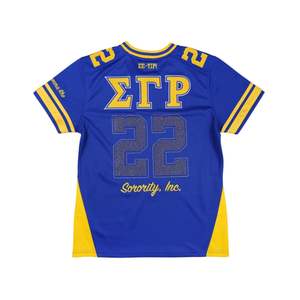 Sigma เสื้อฟุตบอลแกมมา Rho sgrho Greek เสื้อฟุตบอลสีน้ำเงินทองผ้าโพลีเอสเตอร์100% ปักโลโก้ด้านหน้าหลังไหล่ - Product Image 2