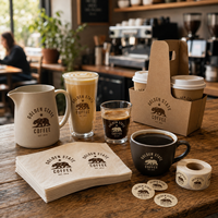 Ensemble d'accessoires pour café AT PACK personnalisé avec serviettes, verres à café, porte-gobelets, pot, autocollants et emballage avec logo
