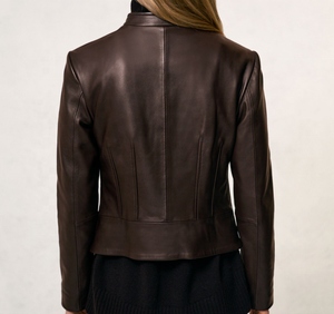 Brown Genuine Leather Breathable Windproof Moto <b>Jacket</b> Stand Collar Zipper Closure Slim Fit <b>Short</b> Length <b>Men</b> Winter Wear - Product Image 2