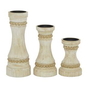 Ensemble de trois bougeoirs en bois antique blanc brûlé de qualité supérieure au design rustique intemporel pour les mariages et la maison au meilleur prix - Product Image 4